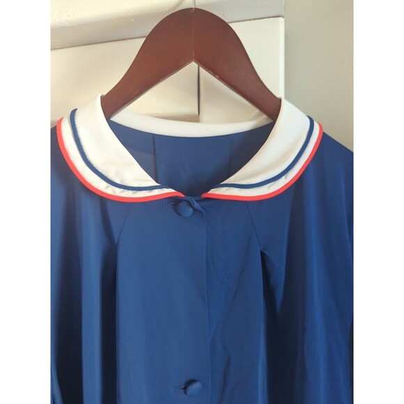 Vintage Lorraine Women's M Navy Blue White Striped Button Up Collared Midi Robe - Picture 5 of 11